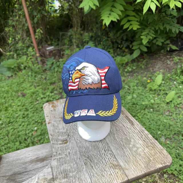 PATRIOTIC Waving USA American Bald Eagle Branches Blue Embroidered Cap Hat