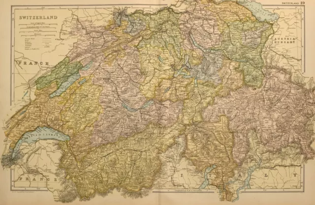 1898 Antique Map Switzerland Geneva Friburg Grison Zurich Bern Neuchatel
