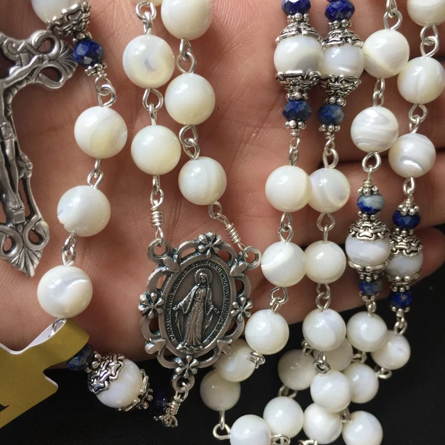 MOTHER OF PEARL & LAPIS LAZULI BEADS 5 DECADE ROSARY CROSS NECKLACE BOX Catholic