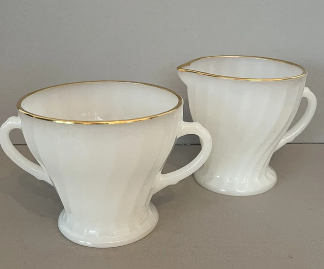 Vintage Anchor Hocking Milk Glass Creamer And Sugar Set With Gold Trim