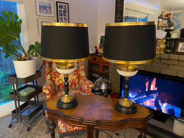 A Pair of Vintage Black/Gold Wood and Milk Glass Table Lamps
