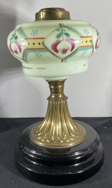 Antique Brass Glass Uranium Oil Lamp Hand Painted Glows 11-1/2”