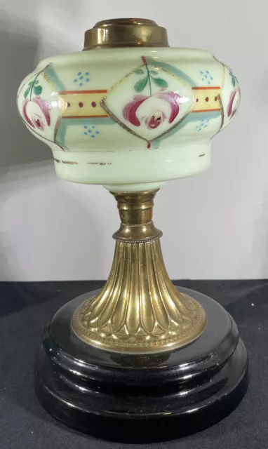 Antique Brass Glass Uranium Oil Lamp Hand Painted Glows 11-1/2” Antique Brass Glass Uranium Oil Lamp Hand Painted Glows 11-1/2”