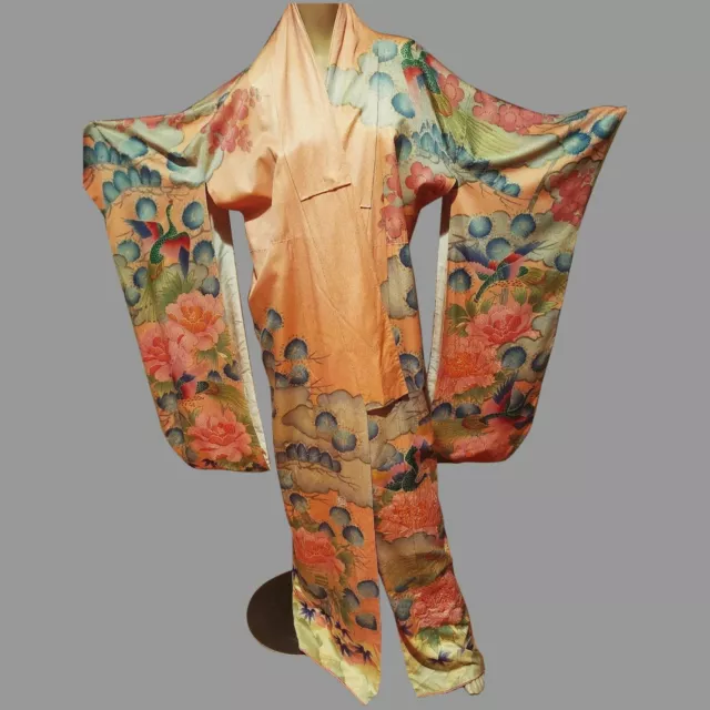 Vintage Japanese Kimono Hand Painted Gold Embroidered One Size -