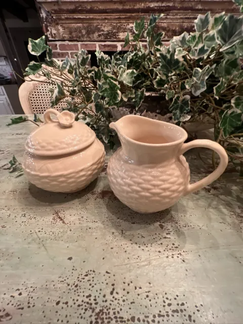 Mikasa Country Manor Embossed Basket Weave Cream and Sugar Set In Cream Color 2