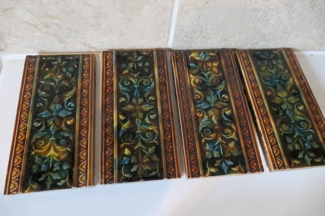 4 Art Nouveau Brown,Green,Blue Majolica 14.9 By 7.5Cm Leaves+Egg Dart Edge Tiles 2