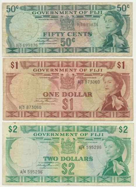 Fiji (1971) QEII 50c-$2 Sign. Wesley Barrett P-64a, 65a, 66a 3 Note Set