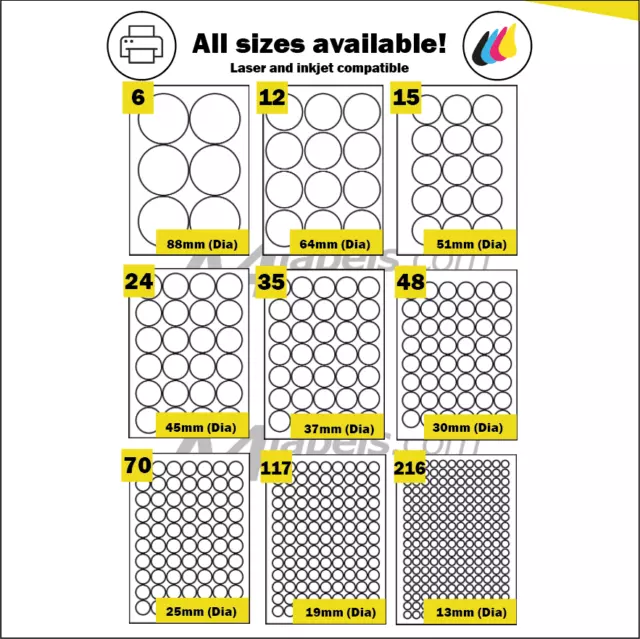 Round Self Adhesive circular A4 Laser or Inkjet printer labels. Circle Stickers