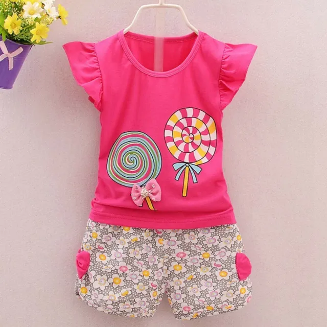 2PCS Toddler Kids Baby Girls Outfits Lolly T-shirt Tops+Short Pants Clothes Set 3