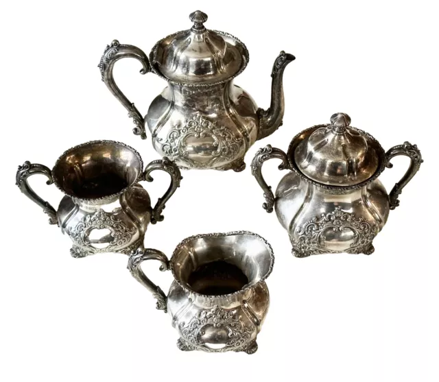 Fancy Vtg Forbes Silver Co, Quadruple Plated-Tea Pot, Creamer, Sugar-Set Of 4