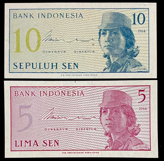 Set of 2 INDONESIA 5, 10 SEN 1964 UNC Banknote World Paper Money.