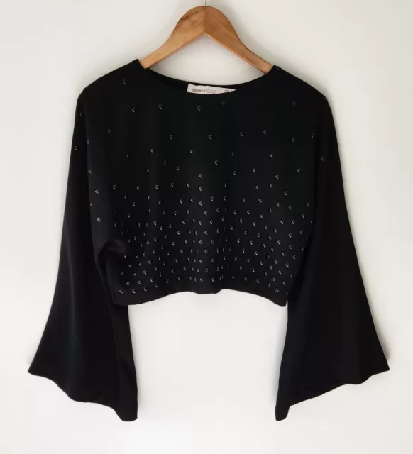 ALICE McCALL Size 6 Black Cropped Enamel Stud Detail Bell Sleeve Top