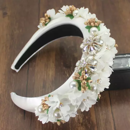 Luxury Handmade White Flower Padded Headband With Pearls, Rhinestones & Beads