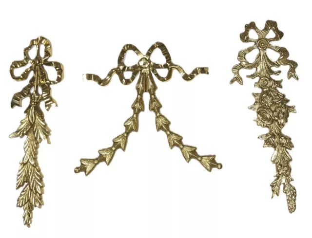 3pc lot Solid BRASS Wall hangings w/ leaves Bows Gatco Tie 12", 8" Made in India