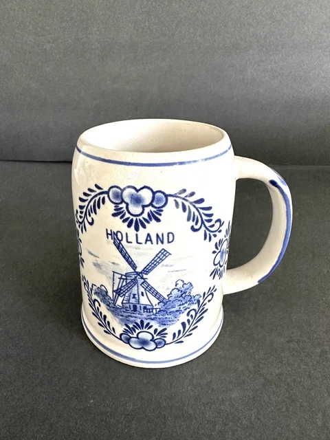 Delft Blue Hand Painted Mug Holland Windmill Tall Ship Stein Tankard 14 oz