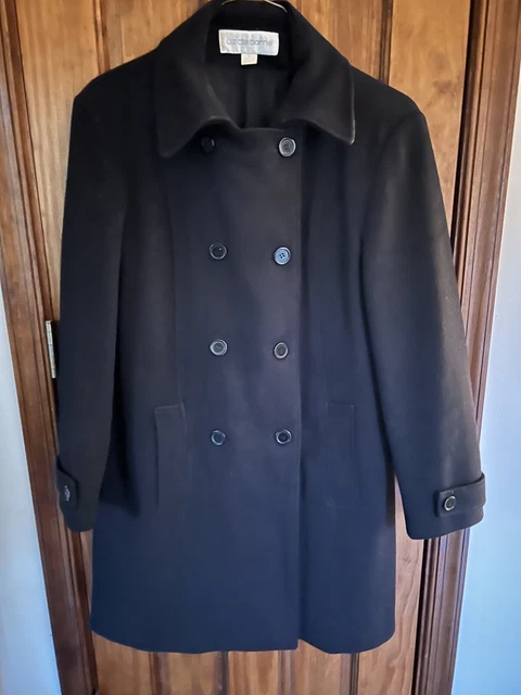 LIZ CLAIBORNE Women's Black 100% wool Double Breast OverCoat size 12 lgth 38 in