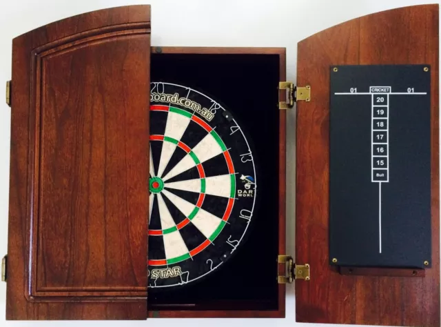 PRO STAR Dart Board Set TIMBER Cherry Colour Cabinet Micro Wire Pro Star and ...