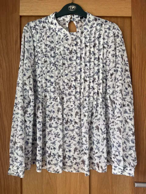 TU Bird Print Blouse Tunic Size 14 Pleated Loose Ivory Sheer Long Sleeved