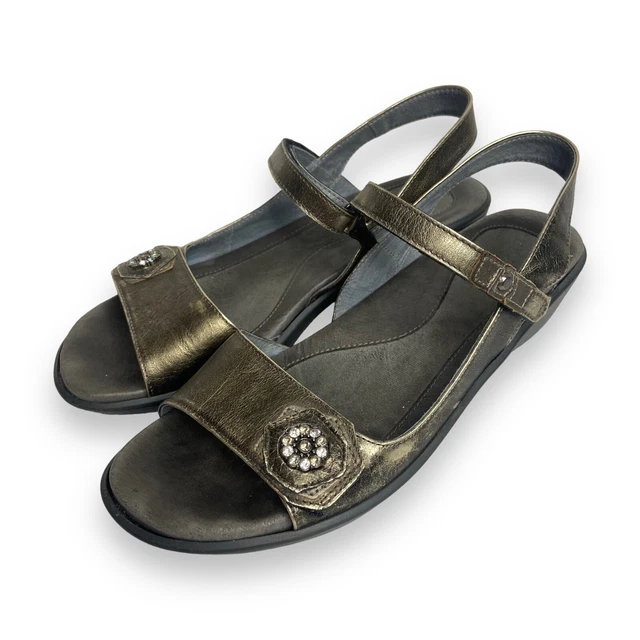 NAOT Reserve Pewter Metallic Leather Wedge Sandals EU 39 Ankle Strap Hook & Loop
