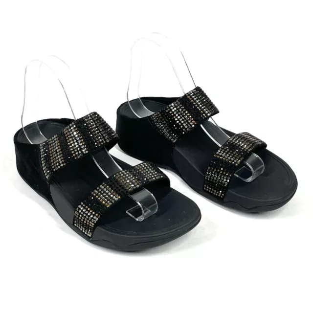 FitFlop Sandals Womens Size 7 Flare Strobe Black Slip On Shoes Black Rhinestone