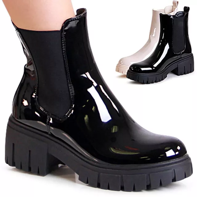 Chaussures Femme Plateforme Bottines Vernis Chelsea Boots Bottes Cheville