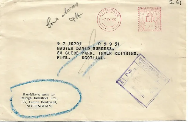 2d POSTAGE DUE BOXED PURPLE CACHET ON 1956 TYPED COVER FROM NOTTINGHAM REF 1487