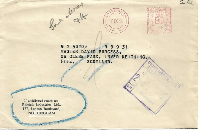 2d POSTAGE DUE BOXED PURPLE CACHET ON 1956 TYPED COVER FROM NOTTINGHAM REF 1487