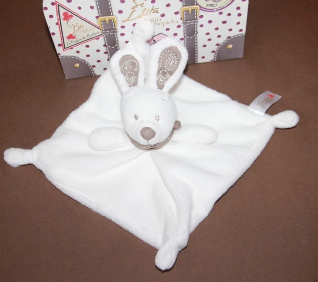 Doudou Nicotoy Lapin Plat Blanc Bandana Marron