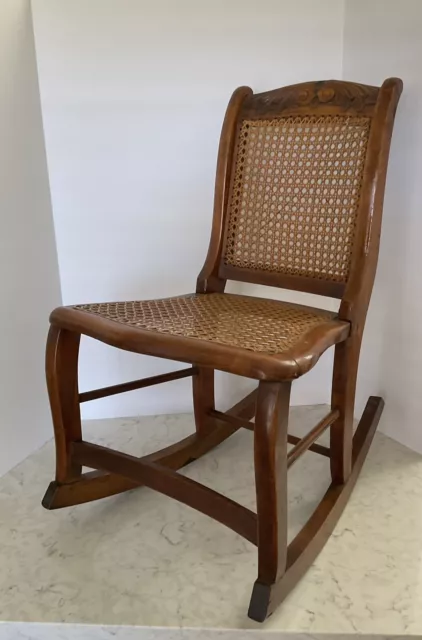 Antique Oak Rattan Caned Childrens Rocker Rocking Chair