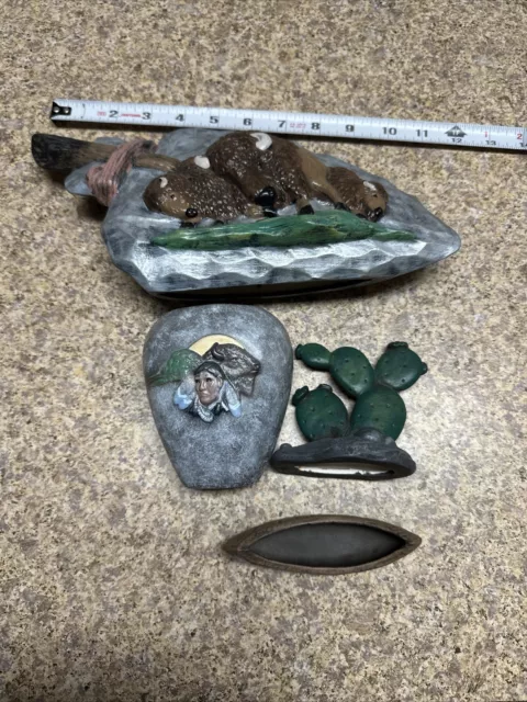 LOT 4 CERAMIC NATIVE AMERICAN POTTERY Canoe,Cactus,BUFFALO Spear Head,Vase DECOR