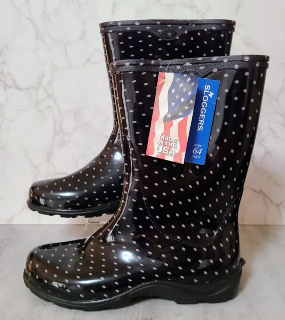 Sloggers Women's Size 8 Rain & Garden Boots Black w Pink Polka Dots Made in USA