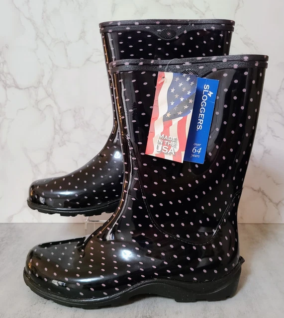 Sloggers Women's Size 8 Rain & Garden Boots Black w Pink Polka Dots Made in USA Sloggers Women's Size 8 Rain & Garden Boots Black w Pink Polka Dots Made in USA