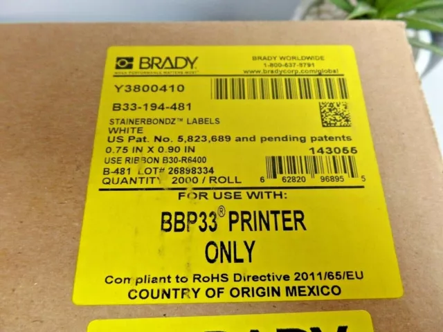 New BRADY B33-194-481 Label Roll,White, Labels/Roll: 2000 for BBP33 PRINTER ONLY