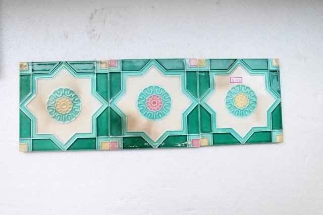 3 Pcs Antique Old Flower Engrave Nouveau Art Majolica Ceramic Tiles Japan NH3133