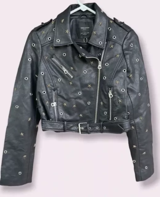 ZARA Women’s Black Star Studded Faux Leather Moto Jacket Size Small