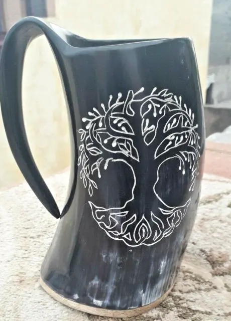 VIKINGS series TREE OF LIFE engraved viking drinking horn ale beer mug Tankard