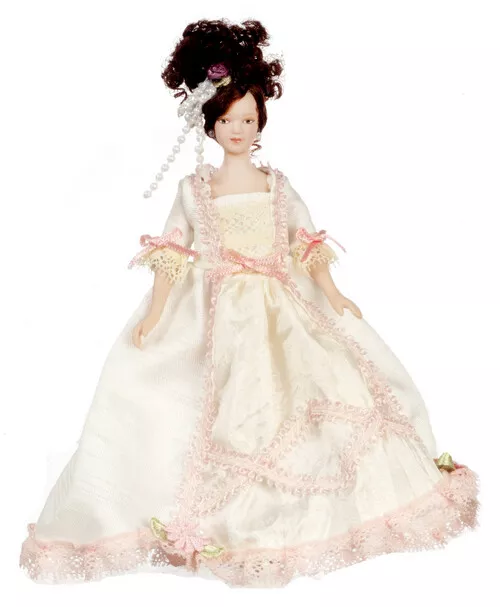 DOLLS HOUSE DOLL 1/12th SCALE VICTORIAN LADY IN WHITE SATIN AND PINK LACE GOWN