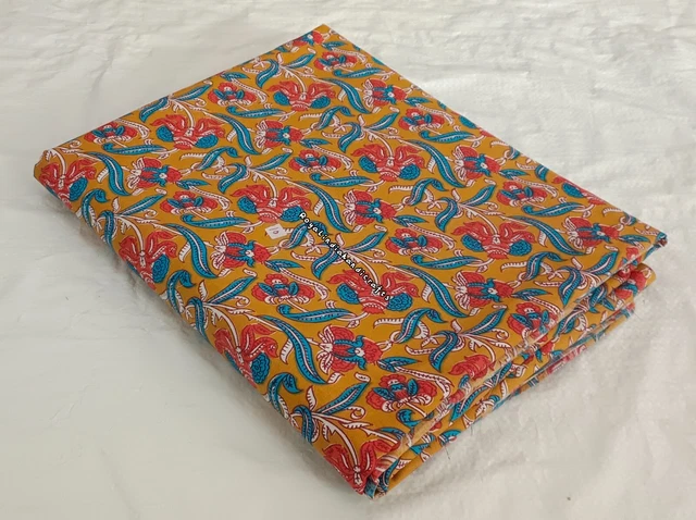 3 Yards De Tissu Indien En Coton - Bleu Floral Imprimé à La Main - Couture Et Patchwork