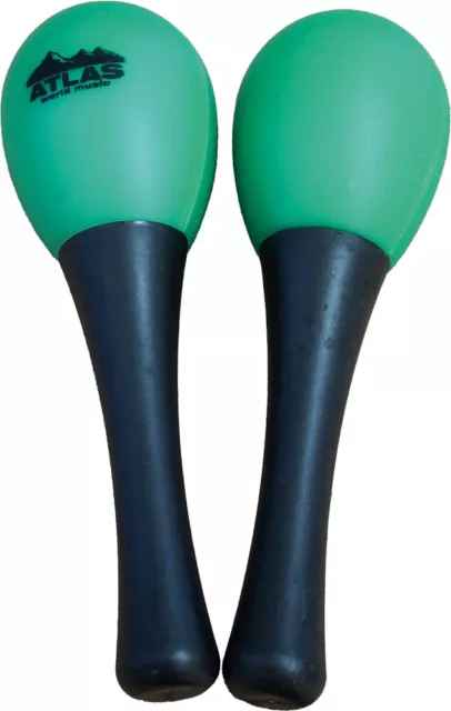 EGG MARACAS. Pair of GREEN SHAKERS with black handles by Atlas Percussion