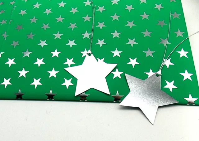 Green Gift Wrap Wrapping Paper 2 Sheets 2 Tags with Silver Foil Stars