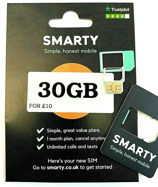 Smarty Mobile UK SIMCARD chiamate e testi illimitati + scheda sim 30 GB/£10 POSTA RAPIDA