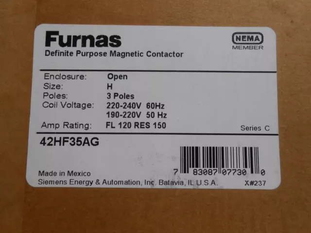 Furnas  42Hf35Ag  Definite Purpose Mag. Contactor 220 - 240V Coil