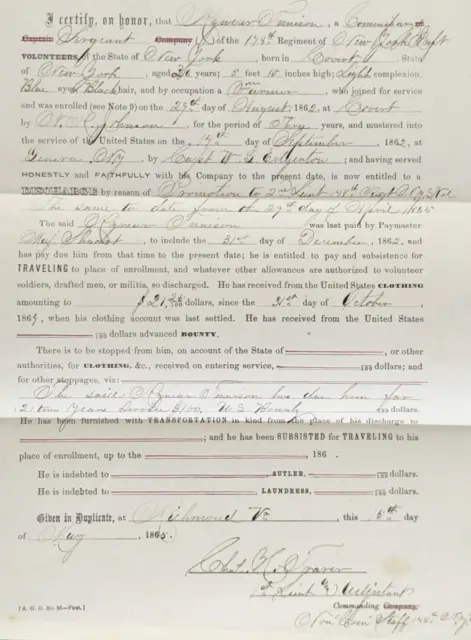 Antique 1865 NY Civil War Soldier Sergeant Discharge Paper From Richmond VA