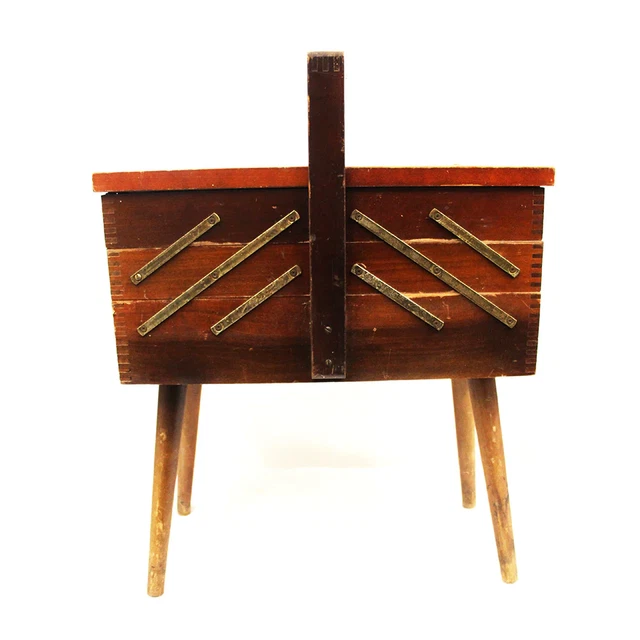 Vintage Wooden Sewing Box Table 3 Tier with Legs Mid Century