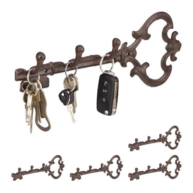 5 x Perchero pared hierro fundido, Colgador llaves con 3 ganchos, Forma de llave