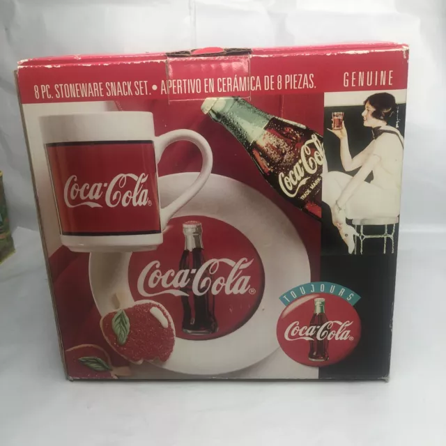 Coca-Cola 8 Pc Stoneware Snack Set 4 Dessert Plates & 4 Jumbo Mugs Coke Gibson