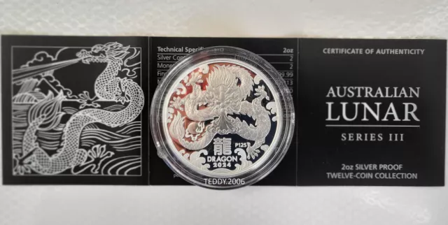 2 Oz Lunar 3  Dragon 2024  Proof Silber Münze Silver Coin Drache COA Series III