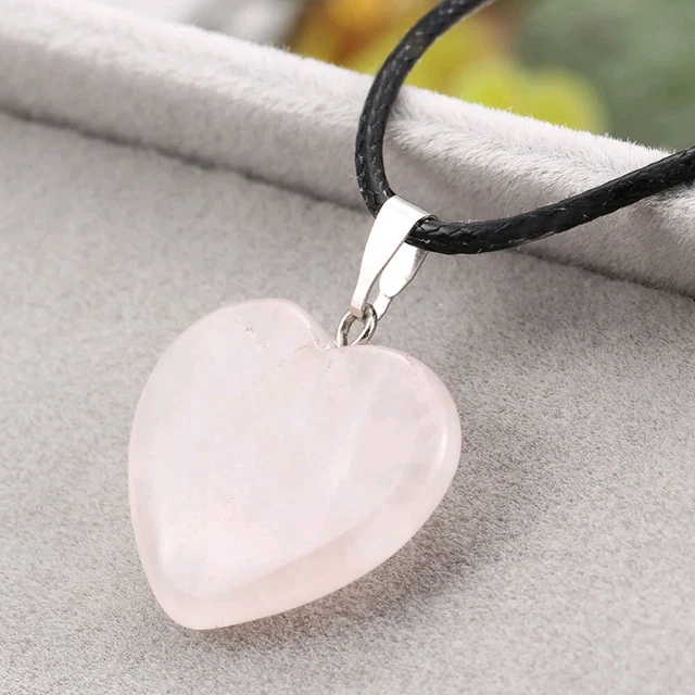 Crystal Leather Necklace Heart Chakra Natural Stone Healing Heart Quartz Pendant