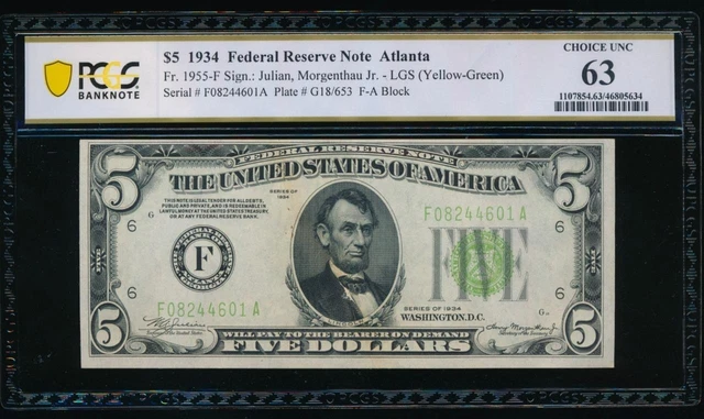 AC 1934 $5 Atlanta FRN PCGS 63 comment LGS Light Green Seal Fr 1955-F