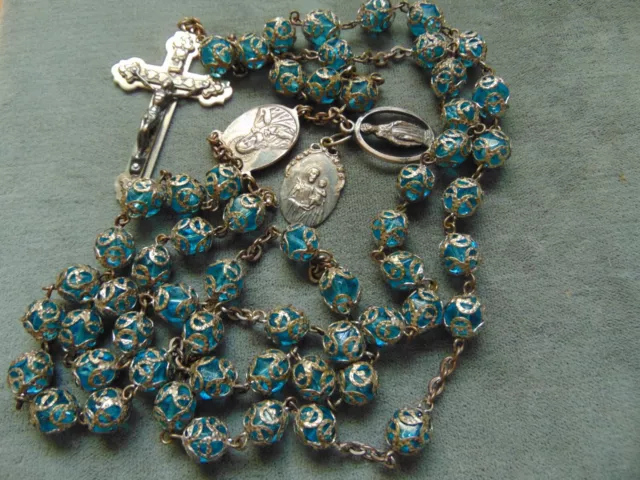 Antique Silver Filigree Blue Crystal/Glass Bead Rosary